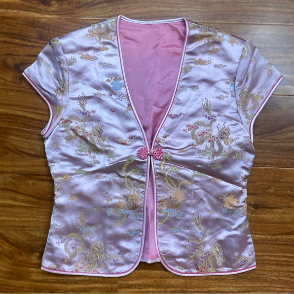 Vintage Women's Blush Pink Floral Dragon Satin Asian Cheongsam Top Size 0 Boho - Picture 3 of 10